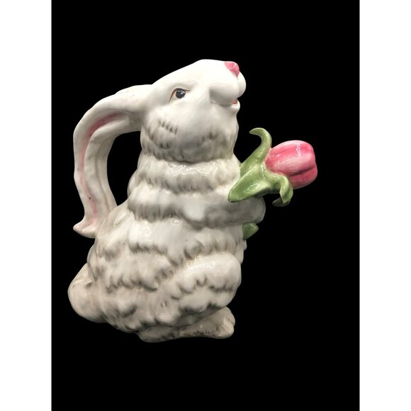 Magenta Rabbit-Shaped Ceramic Pitcher Holding Pink Tulip Vase Has Attitude - Picture 2 of 10